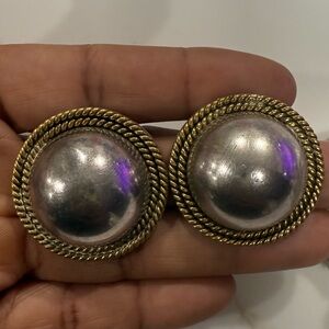 Elegant 925 Taxco Silver and Brass Tone Large Clip Earrings